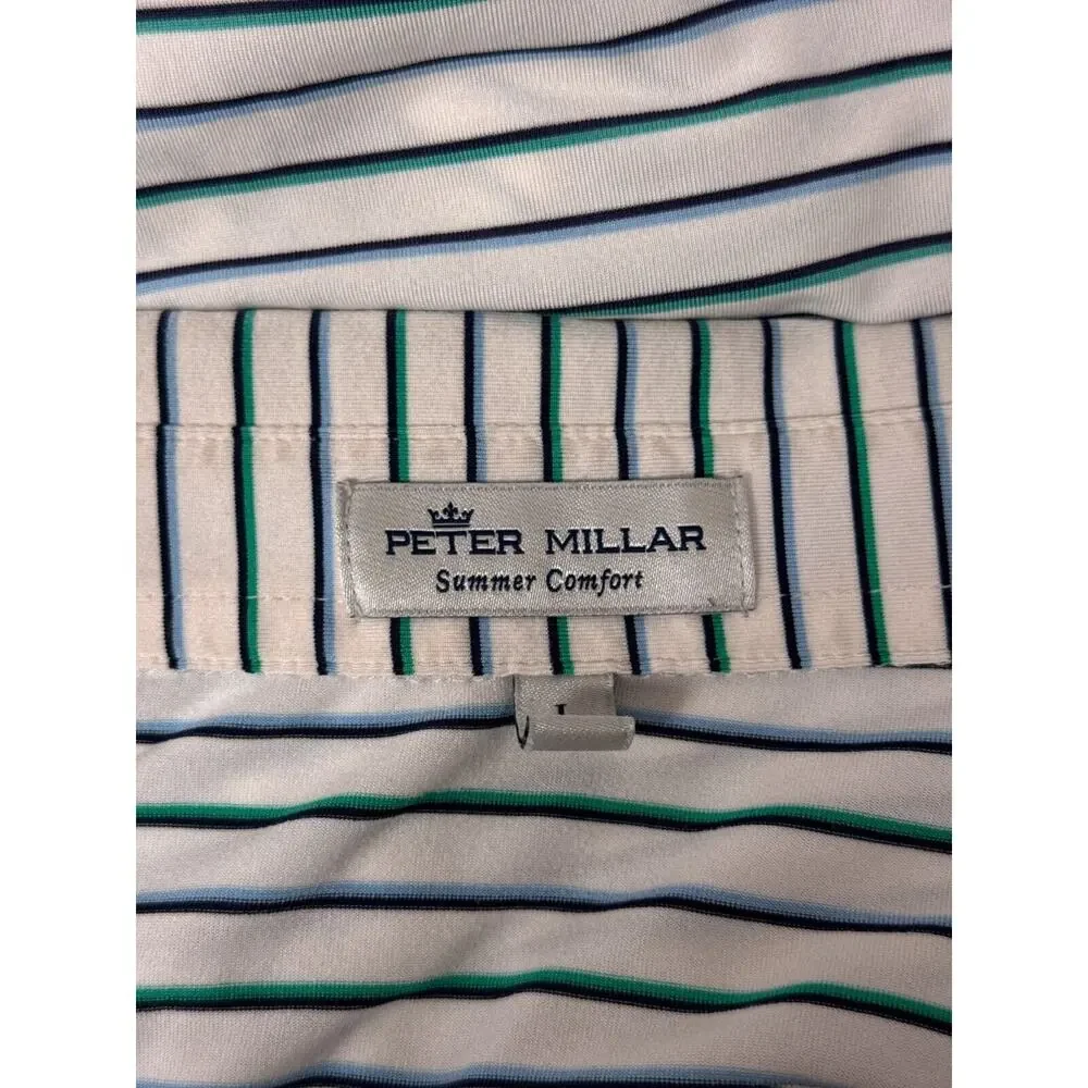 Peter Millar Polo Shirt Large Summer Comfort White Striped Golf Short Sleeve